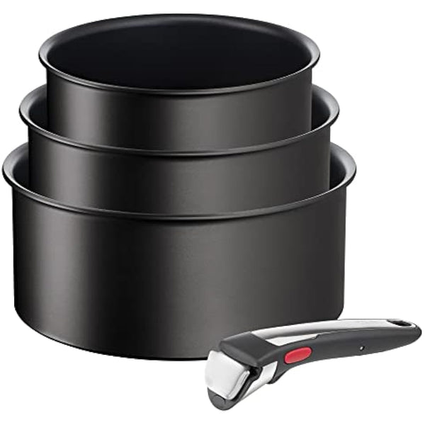 Tefal Ingenio Unlimited ON 4 Piece Non-Stick Induction Saucepan Set, 16&18&20 cm Saucepans, 1 Bakelite Removable Handle, Easy Cleaning, Heat Indicator, Black, L3959443