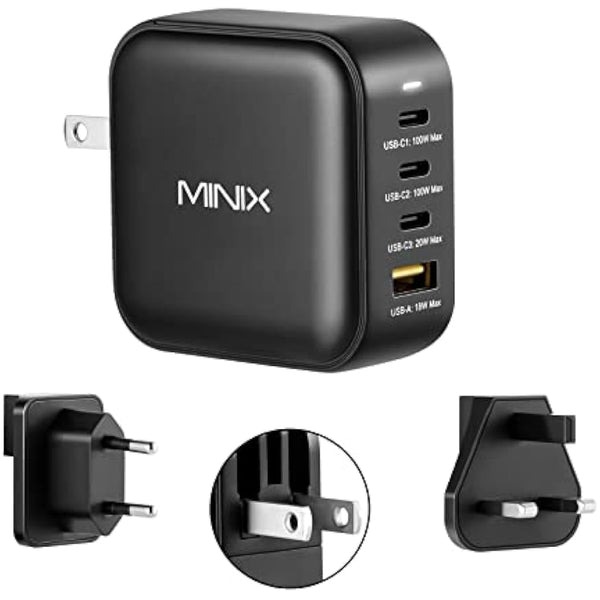 MINIX 100W Turbo 4-Ports GaN Wall Charger, 3 x USB-C port Fast Charging Adapter(Max 100W/20W), 1 USB-A (Max 18W). Compatible with USB-A and USB-C phones, laptop, tablet and More.(NEO P3)