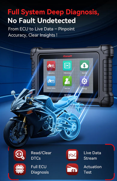 iCarsoft MT PRO OBDII 7" Screen Professional Multi-Systems Motorcycle Diagnostic Scan Tool compatible with 89 manufacturer brands of Motorbike Motorcycle