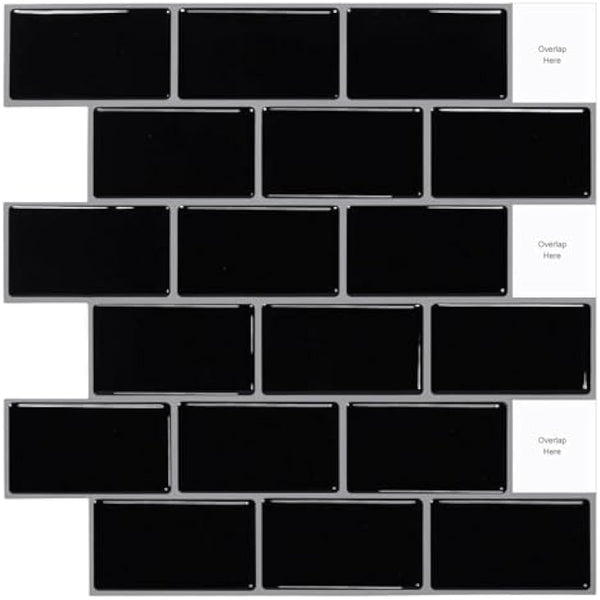 (10-Sheets) Peel and Stick Subway Tile Stickers, Self Adhesive Wall Tiles, Stick on Tile Splashback for Kitchen & Bathroom Black