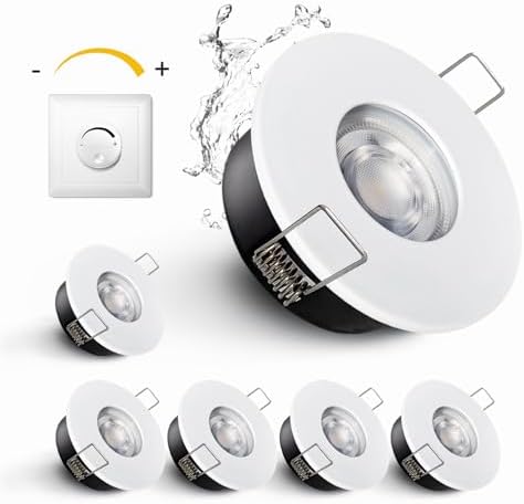 Sweier 6 Pack GU10 Dimmable LED Downlights IP65 Waterproof-5W 450LM Cool White 6000K Recessed Ceiling Spotlights,70mm Cutout,Die-Cast Aluminium,SCR Dimmer Compatible for Bathroom Kitchen Living Room