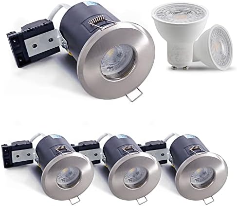 4XSweier 90 Min Fire Rated Downlight,5W 6000K Cool White Waterproof IP65 LED Recessed Ceiling Lights, 230V GU10 Die-Cast Aluminium Spotlight Satin Nickel,(Non-dimmable)
