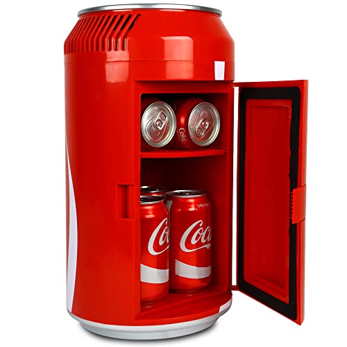 Coca-Cola Mini Fridges for Bedrooms 4L Quiet Small 6 Can Table Top Fridge For Drinks Food Coke Kids Skincare Office Home Desk Portable Retro Cooler Warmer with Built-In Bluetooth Wireless Speaker Red