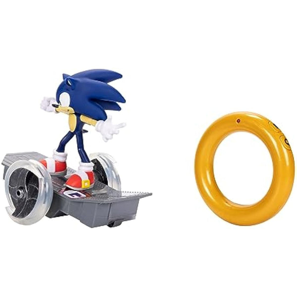 Sonic the Hedgehog Speed RC Vehicle, Includes 6” / 15cm Articulated Sonic Figure, RC Skateboard and Golden Ring Controller To Perform Tricks and Spins, Wheels Light Up With Turbo Mode
