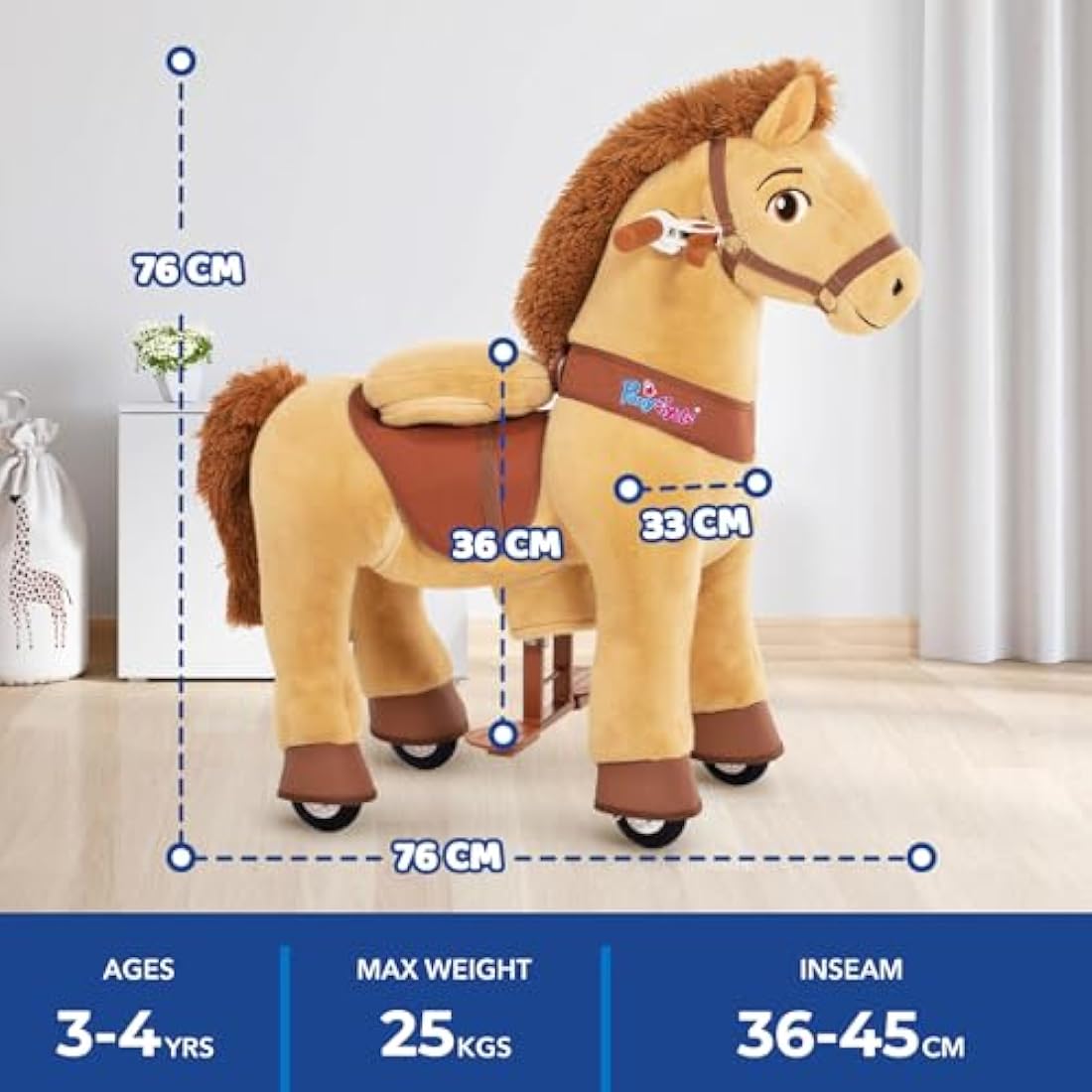 PonyCycle Essential Model E Pony Ride-on Toy Toddler Rocking Horse with Brake (Light Brown/Size 3 for Age 3-4) Mechanical Riding Toy Kids Gift - E336