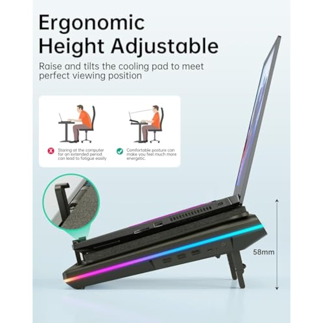 llano RGB Laptop Cooling Pad with Powerful Turbofan Gaming Cooler Radiator with Infinitely Variable Speed, Touch Control, LCD Screen, 3-Port USB Hub, Seal Foam for Notebook Computer 15-19in