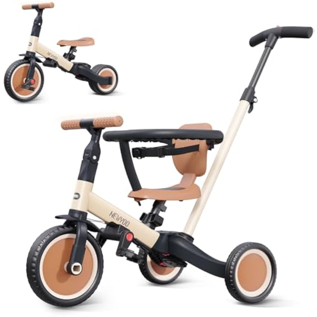 newyoo Toddler Trike with Parent Handle for 1-3 year old, Toddler Bike, Baby Balance Bike, Birthday Gift & Ride-On Toy for Boy & Girl, 5 in 1 Kids Tricycle with Safety Guard, TR008, Khaki
