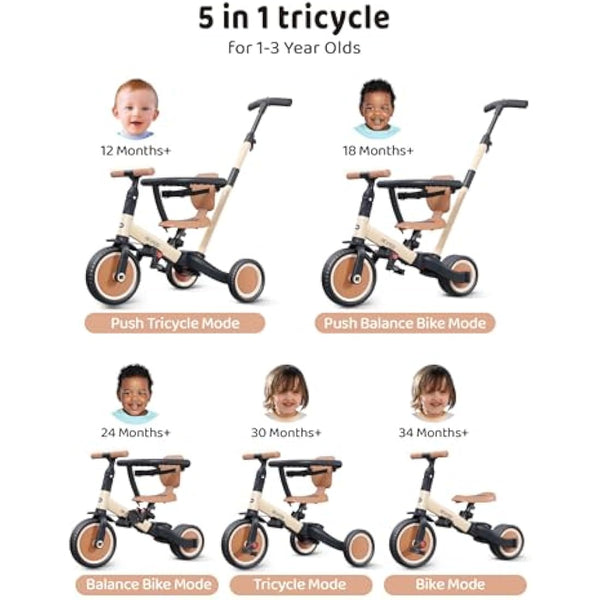 newyoo Toddler Trike with Parent Handle for 1-3 year old, Toddler Bike, Baby Balance Bike, Birthday Gift & Ride-On Toy for Boy & Girl, 5 in 1 Kids Tricycle with Safety Guard, TR008, Khaki
