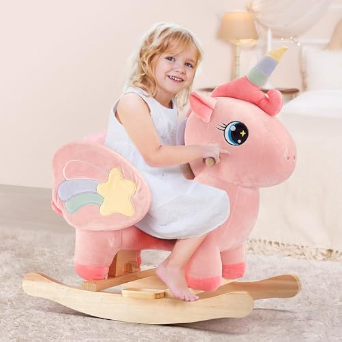 FUNLIO Unicorn Baby Rocking Horse, Pink Fairy Unicorn Rocking Horse for Toddlers 6 Months to 3 Years, Stuffed Ride-on Animal Rocker, Easy to Assemble, CPC & CE Certified