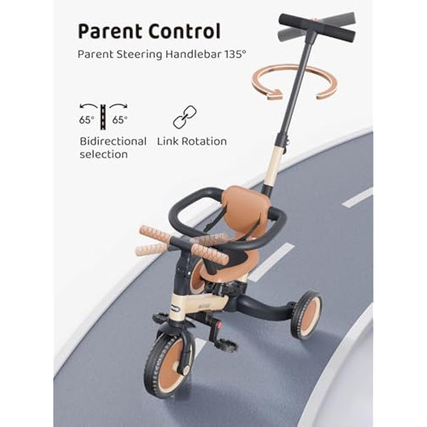 newyoo Toddler Trike with Parent Handle for 1-3 year old, Toddler Bike, Baby Balance Bike, Birthday Gift & Ride-On Toy for Boy & Girl, 5 in 1 Kids Tricycle with Safety Guard, TR008, Khaki