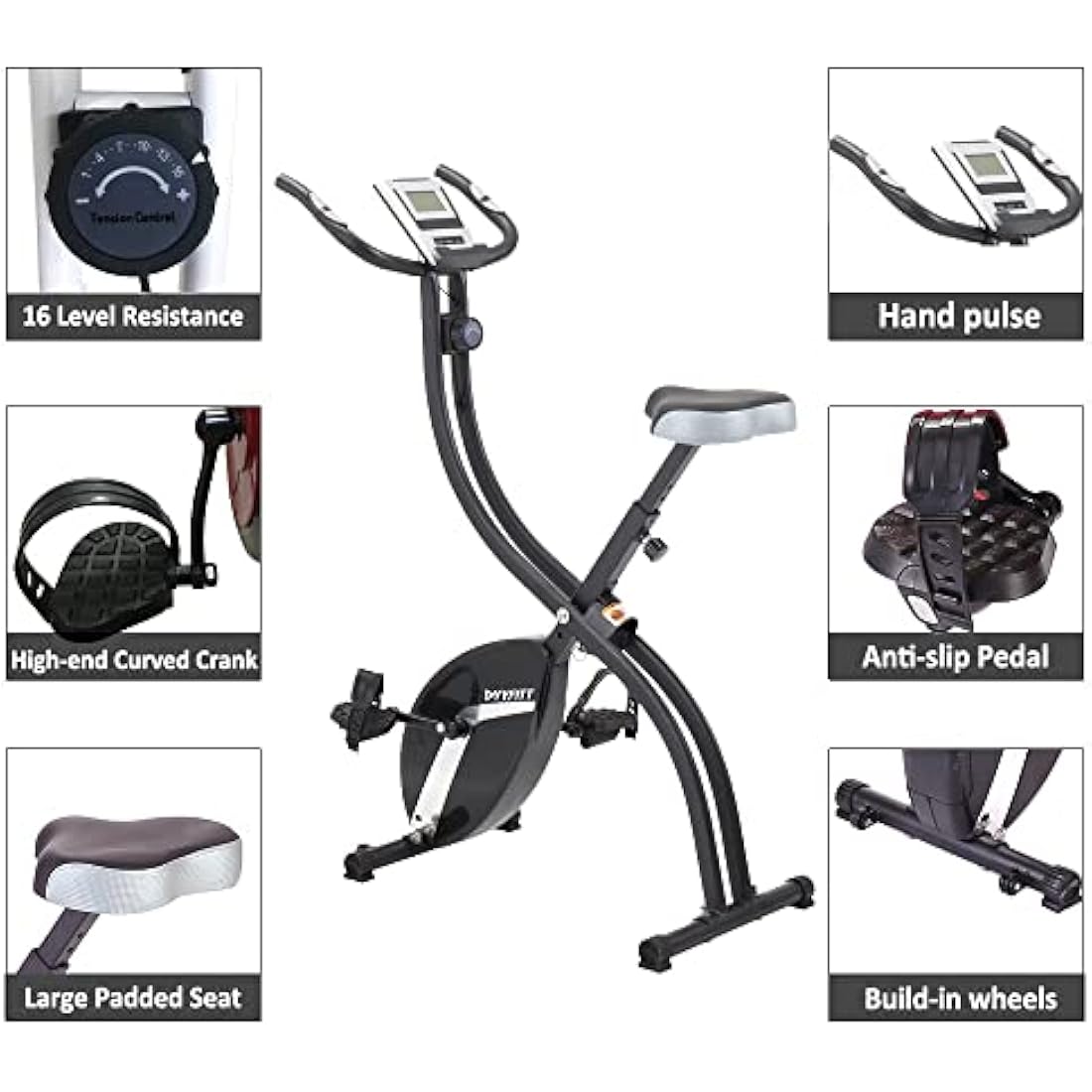 YYFITT Basic Foldable Fitness Exercise Bike with 16 Level Resistance, Countdown Exercise Monitor, Phone/Tablet Holder and Hand Pulse for Home Use