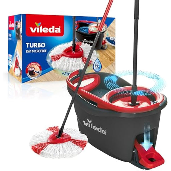 Vileda Turbo Microfibre Mop And Bucket Set, Spin Mop For Cleaning Floors, Set Of 1x Mop And 1x Bucket, Eco Packaging