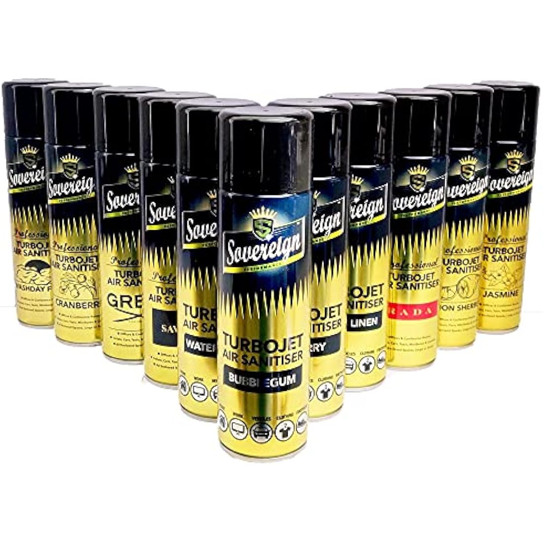 11x Mix Bundle Sovereign Car Home Turbojet Air Freshener Sanitiser Spray Blast Can