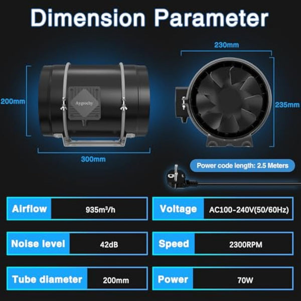 Aygrochy Quiet 8” Inline Duct Fan with Temperature Humidity Controller - Ventilation Exhaust Fan Using for Heating Cooling Booster, Grow Tents, Hydroponics,Home use Ventilation and Exhaust Blower.