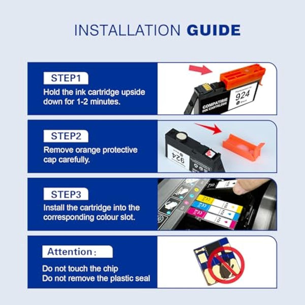 KINGWAY 924 Ink Cartridges Replacement for HP 924 for HP OfficeJet Pro 8120e OfficeJet Pro 8122e 8124e 8125e 8132e 8134e 8135e 8130e 8138e 8139e All-in-One (No Chip, BK/C/M/Y, 4 Pack)