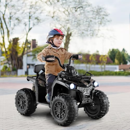 COSTWAY 12V Electric Kids Quad Bike, Battery Powered Ride on Car ATV with Head lights, Music, MP3, Storage Basket, Backward Function, for Boys and Girls Aged 3-8 Years (Black)