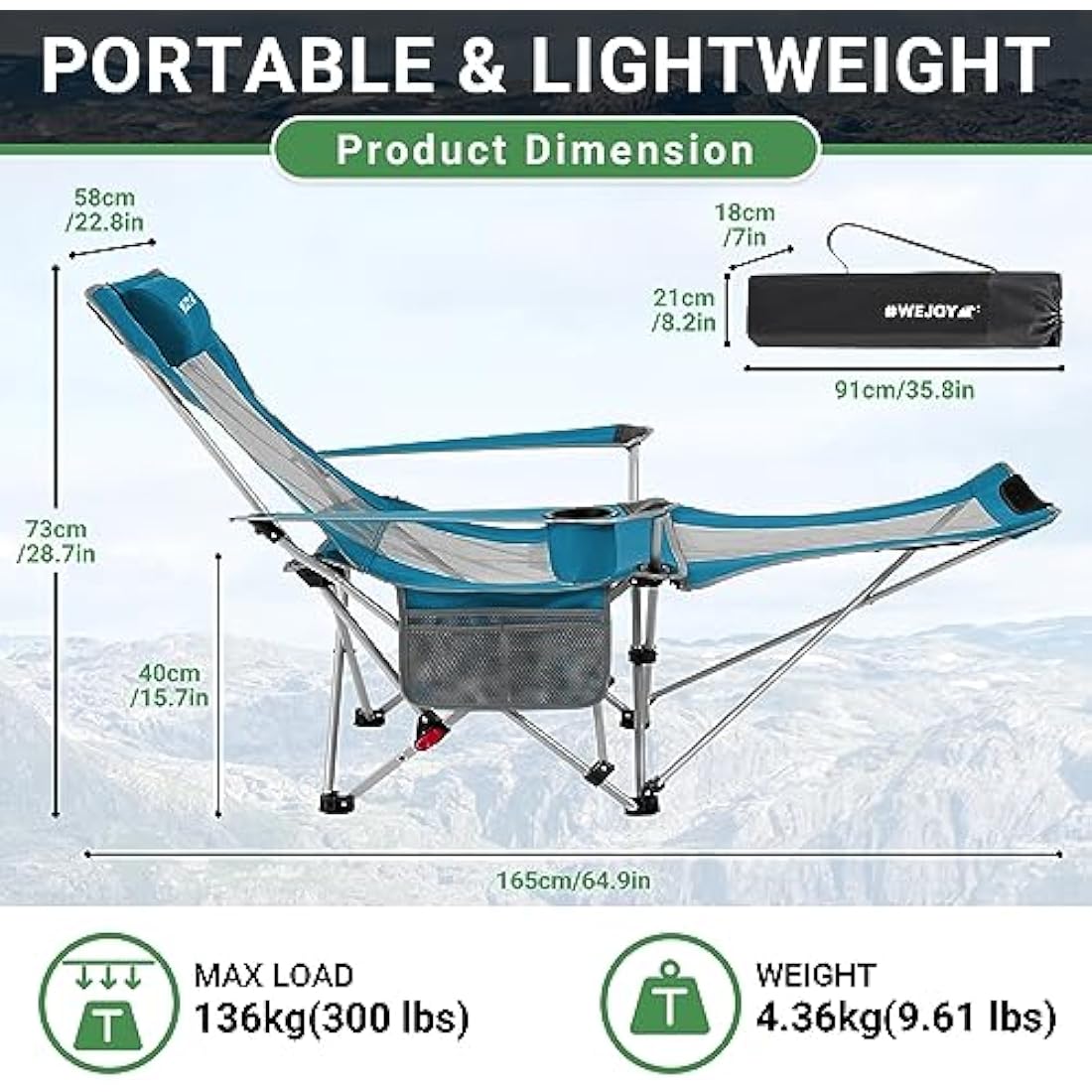 #WEJOY Camping Chairs Folding Recliner Chair Adjustable with Detachable Footrest Headrest Cup Holder Lightweight Portable Reclining Camp Chair Fold Up Chair for Outdoor Beach Garden,Cyan