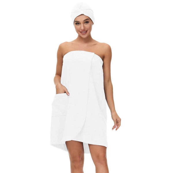 Verve Jelly Ladies Towel Wrap Cotton Towel Shower Spa Sauna Beach Gym Towelling Robe Cover-Up with Pocket and Hair Dry Cap