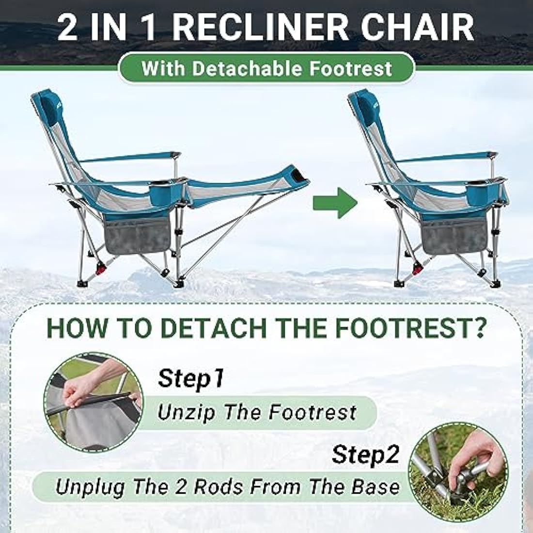 #WEJOY Camping Chairs Folding Recliner Chair Adjustable with Detachable Footrest Headrest Cup Holder Lightweight Portable Reclining Camp Chair Fold Up Chair for Outdoor Beach Garden, Cyan Set of 2
