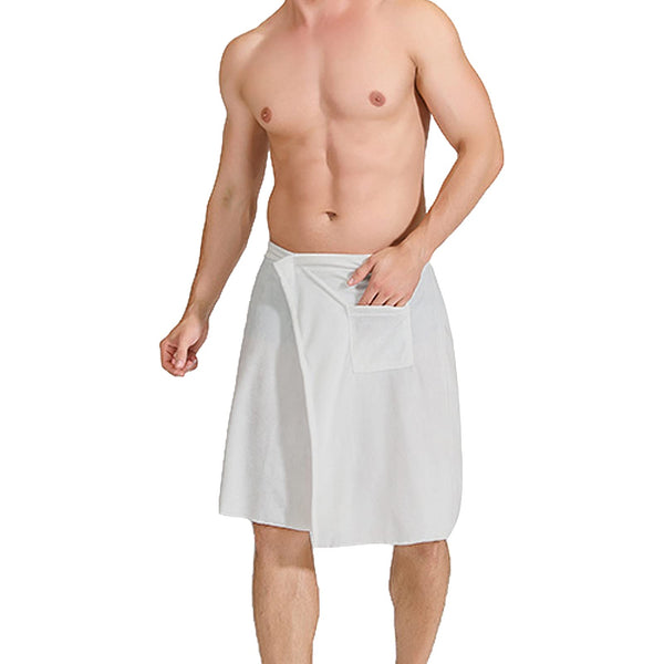 Jamron Mens Adjustable Bath Towel Wrap - Wearable Towel Skirt with Pocket for Gym Shower Sauna Spa & Beach Cover Ups White L
