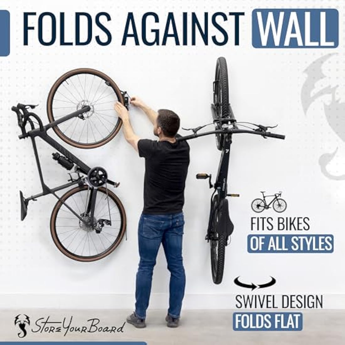 StoreYourBoard 4-Bike Swivel Rack – Wall Mounted Garage Bike Storage, Vertical Hanger with 120° Swing Design & Stopper, Space-Saving Indoor Wall Mount – Fits Kids Bikes, BMX & More – Black