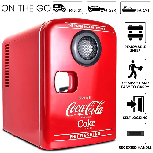 Coca-Cola Mini Fridges for Bedrooms 4L Quiet Small 6 Can Table Top Fridge For Drinks Food Coke Kids Skincare Office Home Desk Portable Retro Cooler Warmer with Built-In Bluetooth Wireless Speaker Red