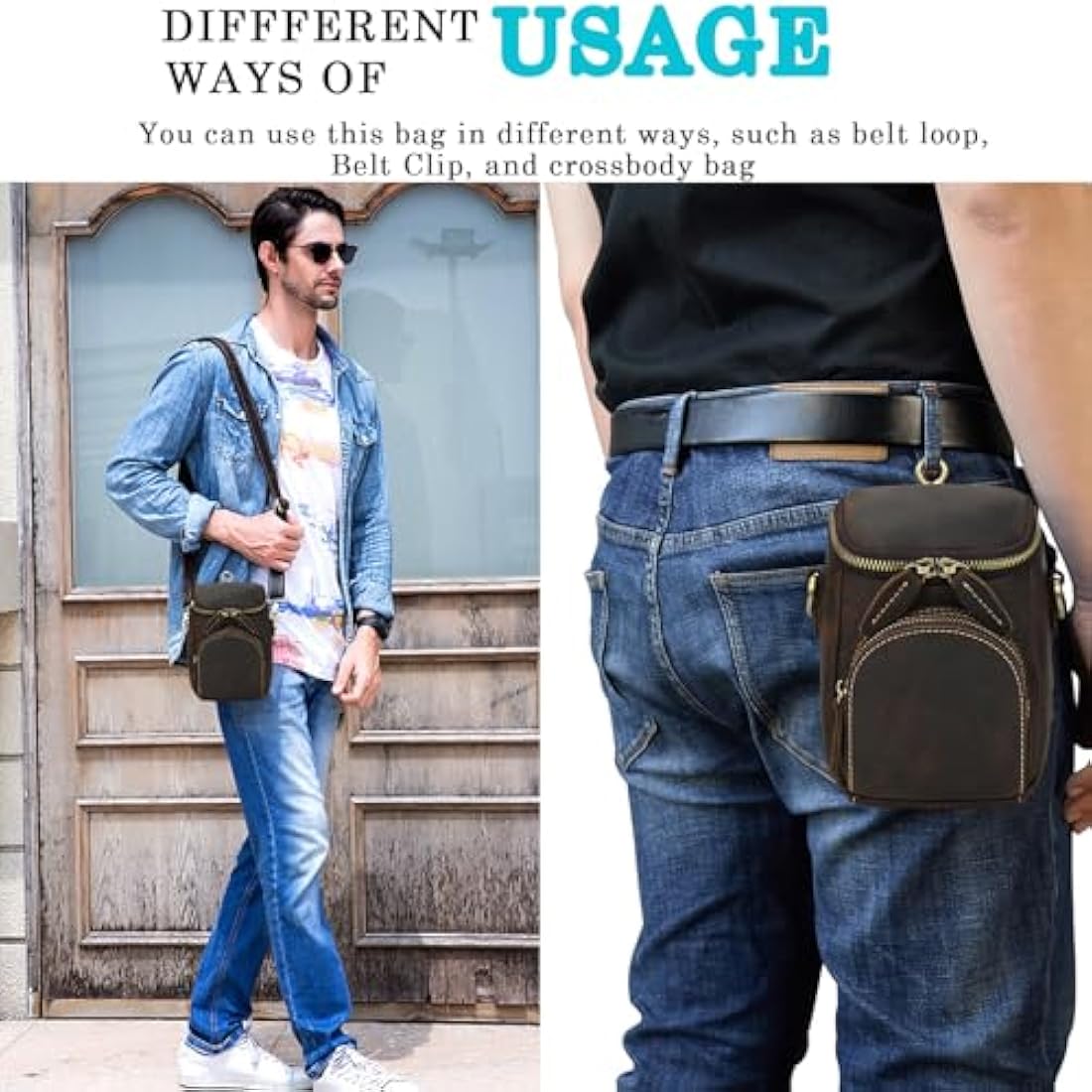 Mini Mens Genuine Leather Messenger Shoulder Bag Motorcycle Bike Riding Cycling Multi Waist Fanny Pack Small Leather Leg Bag for Wallet Coin Key iPhone, 9391 Dark Brown