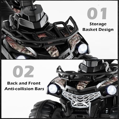COSTWAY 12V Electric Kids Quad Bike, Battery Powered Ride on Car ATV with Head lights, Music, MP3, Storage Basket, Backward Function, for Boys and Girls Aged 3-8 Years (Black)