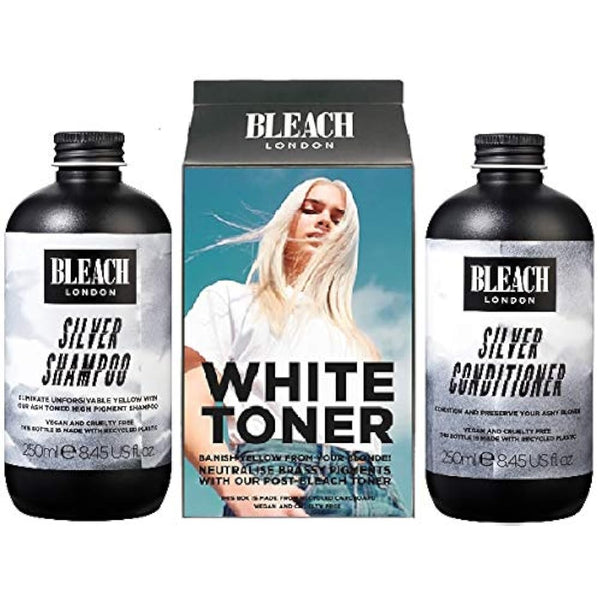 (Pack of 3) Bleach London Silver Shampoo x 250ml, White Toner Hair Kit & Silver Conditioner x 250ml
