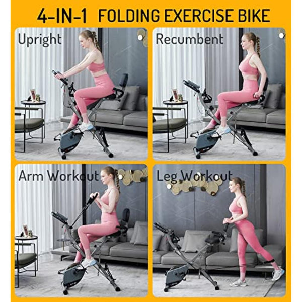 AceFuture 4-IN-1 Exercise Bikes for Home Use, Folding Indoor Stationary Cycling Bike with Arm/Leg Workout Bands,16 Levels Magnetic Resistance Fitness Bicycle with Hand Pulse and Phone/Tablet Holder