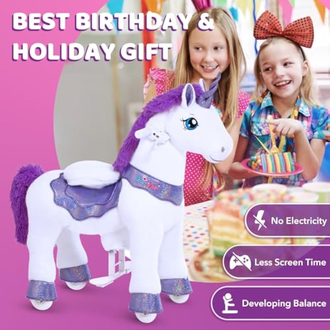 PonyCycle Essential Model E Ride on Unicorn Kids Scooter with Brake (Purple/Size 3 for Age 3-4) Pony Cycle Toddler Rocking Unicorn Mechanical Riding Toy - E313