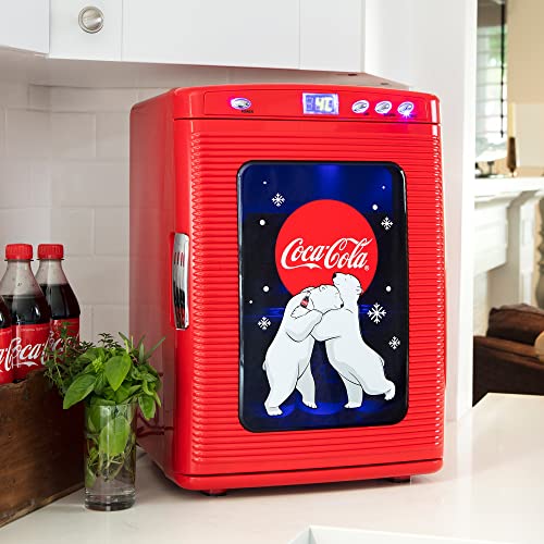 Coca-Cola Mini Fridges for Bedrooms 4L Quiet Small 6 Can Table Top Fridge For Drinks Food Coke Kids Skincare Office Home Desk Portable Retro Cooler Warmer with Built-In Bluetooth Wireless Speaker Red