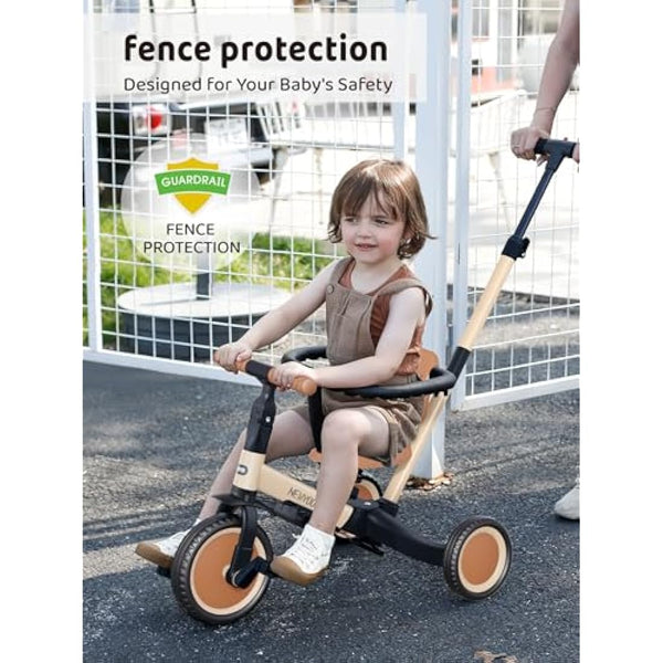 newyoo Toddler Trike with Parent Handle for 1-3 year old, Toddler Bike, Baby Balance Bike, Birthday Gift & Ride-On Toy for Boy & Girl, 5 in 1 Kids Tricycle with Safety Guard, TR008, Khaki