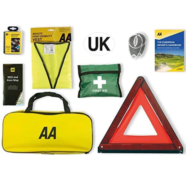 AA Vehicle Breakdown Safety Kit Plus AA5618 – Tyre Inflator, Warning Triangle, Tow Rope, Hi-Vis Vest, Torch, Glass Hammer, Booster Cables, Storage Bag