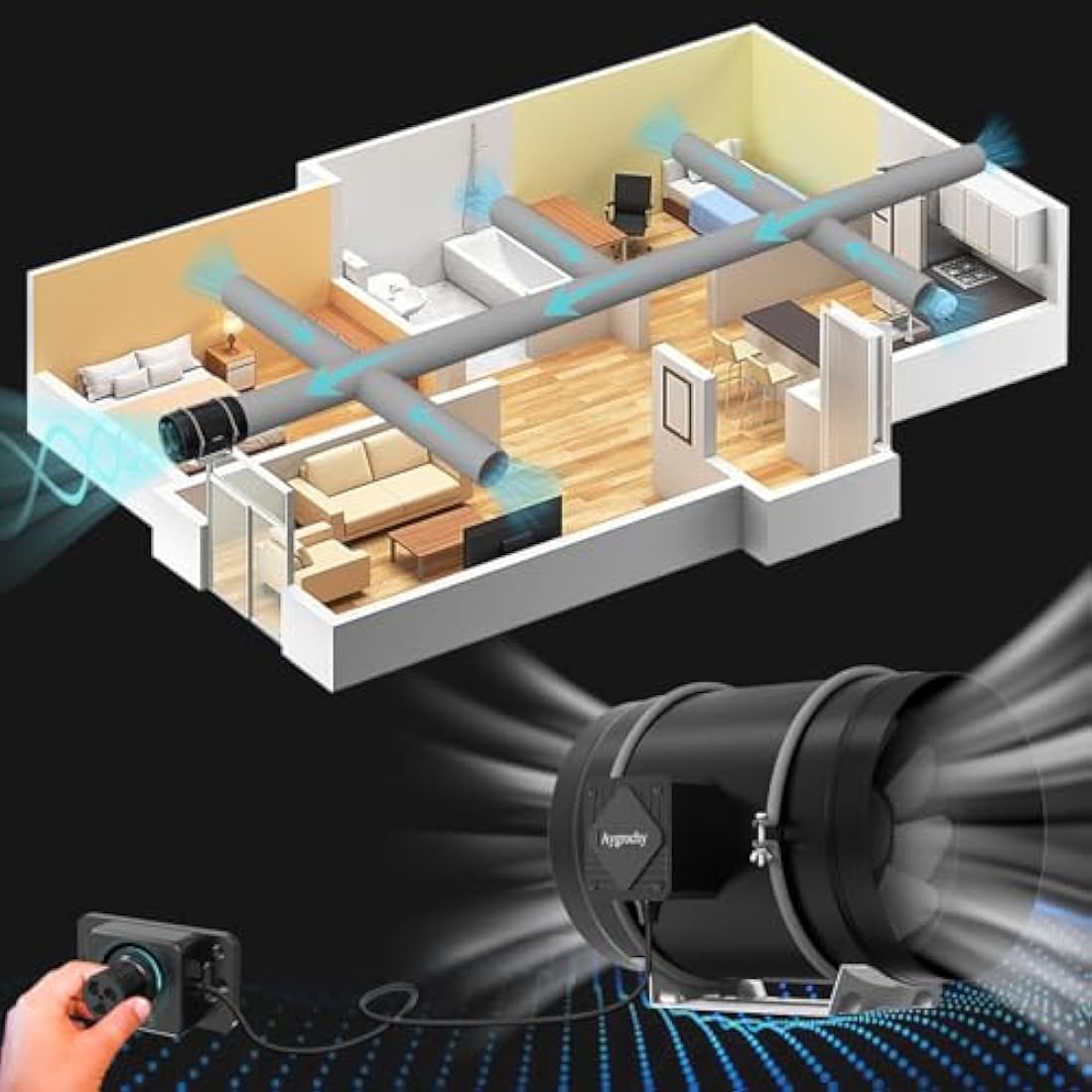 Aygrochy Quiet 8” Inline Duct Fan with 0-100% Variable Speed Controller - Ventilation Exhaust Fan Using for Heating Cooling Booster, Grow Tents, Hydroponics,Home use Ventilation and Exhaust Blower.