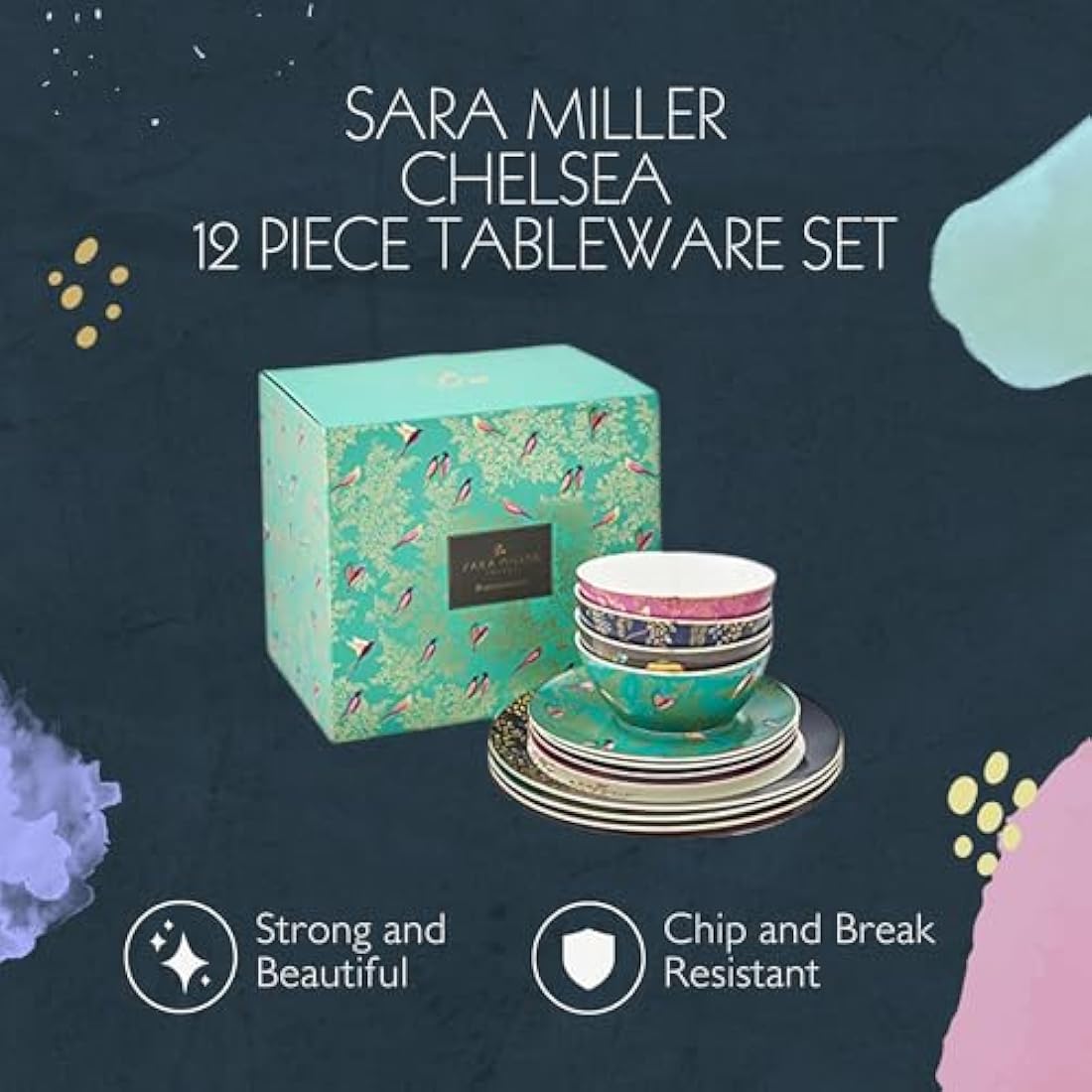 Sara Miller SMC79243-XD London Chelsea Collection 12 Piece Tableware Set, Porcelain, Gold,white