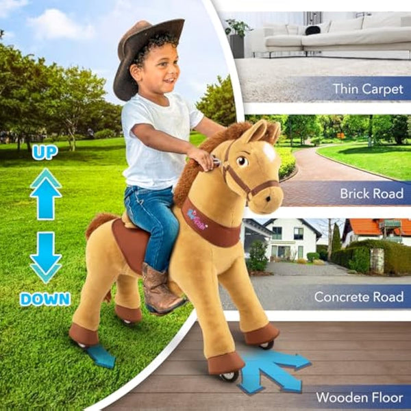 PonyCycle Essential Model E Pony Ride-on Toy Toddler Rocking Horse with Brake (Light Brown/Size 3 for Age 3-4) Mechanical Riding Toy Kids Gift - E336