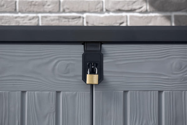 Keter Store It Out Pro Outdoor Garden Furniture Storage Shed Beige with Brown Lid Fade Free All Weather Resistant Safe and Secure Zero Maintenance 5 year Warranty