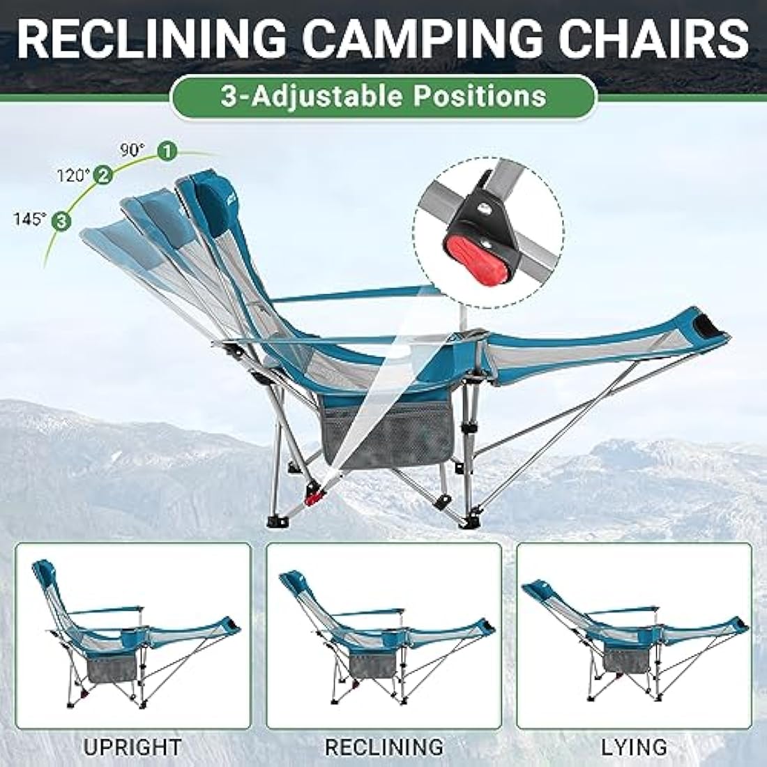 #WEJOY Camping Chairs Folding Recliner Chair Adjustable with Detachable Footrest Headrest Cup Holder Lightweight Portable Reclining Camp Chair Fold Up Chair for Outdoor Beach Garden,Cyan