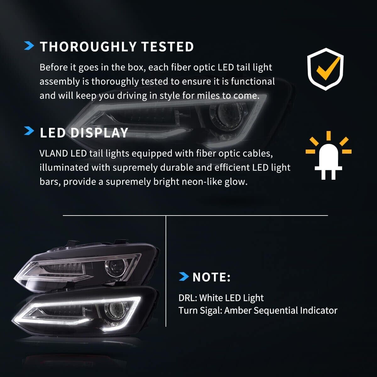 VLAND 09-17 VW Polo 5 MK5 6R 6C Lightbar DYNAMIC LED DRL Headlights Demon Eye LHD