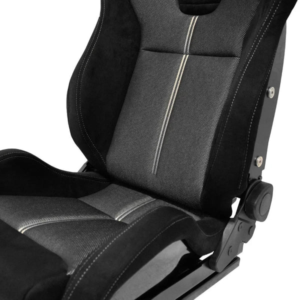 ATS x1 (Sold Individually) Universal Recline Bucket Seat ‎Black Suede + Grey Mesh Fabric + runners Car / 4x4 / Van / Camper / Race Sim