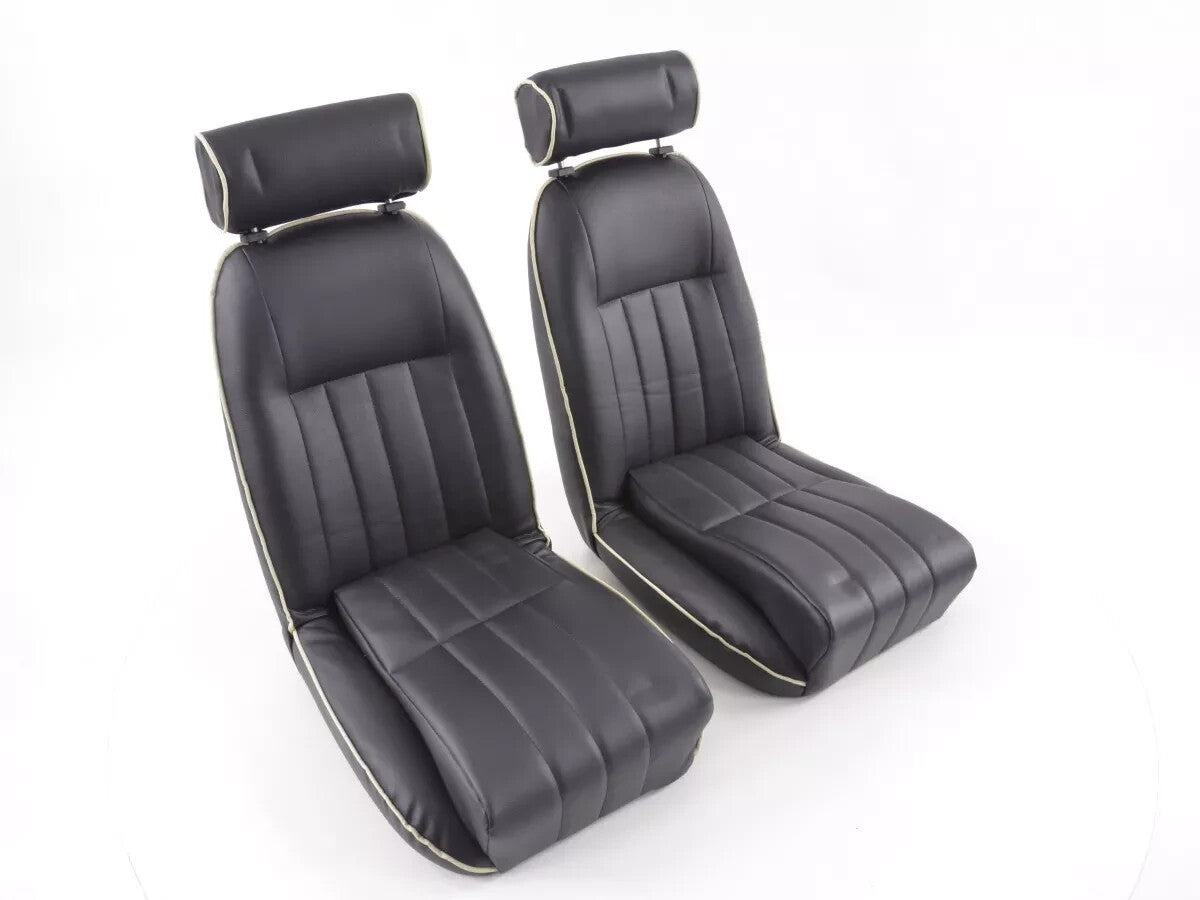 UK FK Pair Universal Fixed Back Classic Retro Bucket Seats Black White Piping
