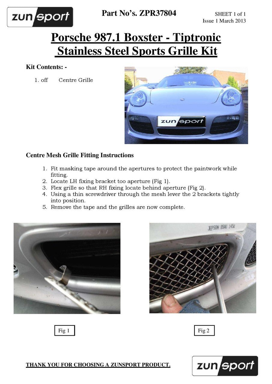 Zunsport Porsche Boxster 987 987.1 Auto Full Set - Stainless Front Grille Side Vents