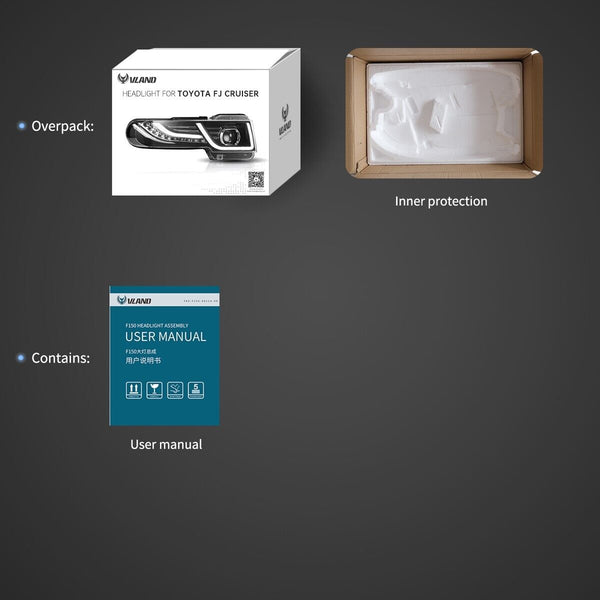 VLAND 07-15 Toyota FJ Cruiser Lightbar DYNAMIC LED DRL Headlights + D2S LHD Black Or Silver Grille Option