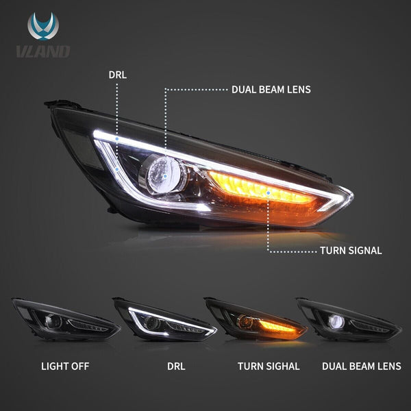 VLAND 15-18 Ford Focus 3 MK3 FL Lightbar DYNAMIC LED DRL Headlights Dual Beam
