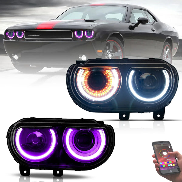 VLAND 08-14 Dodge Challenger Pre-Facelift RGB Dual Halo LED DRL Headlights LHD