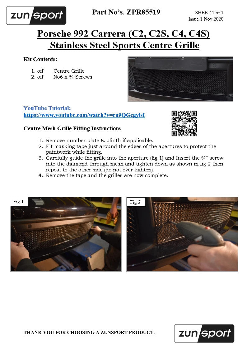 ZUNSPORT Black Front Full Mesh Grille Set PORSCHE 911 CARRERA 992 C2 C2S C4 C4S