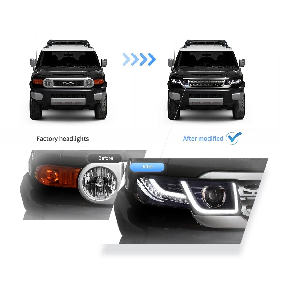 VLAND 07-15 Toyota FJ Cruiser Lightbar DYNAMIC LED DRL Headlights + D2S LHD Black Or Silver Grille Option
