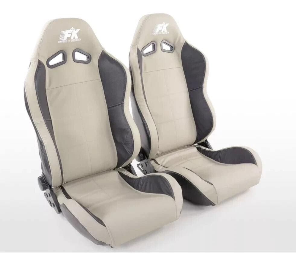 FK x2 Universal Real Leather Reclining Bucket Sports Seats Grey & Black Edition