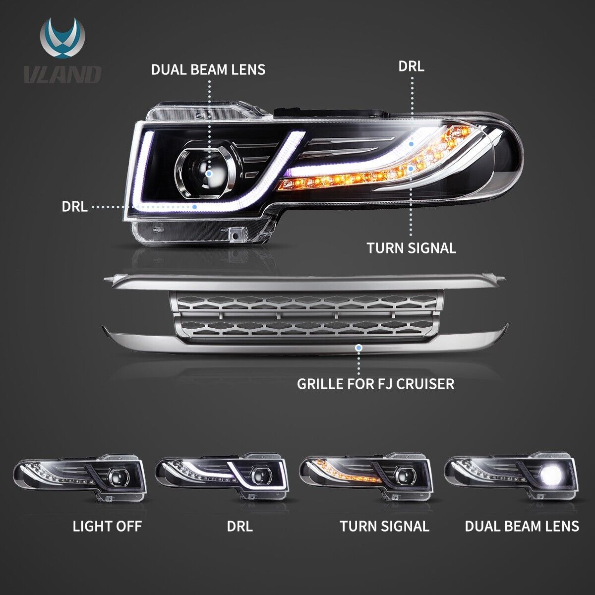 VLAND 07-15 Toyota FJ Cruiser Lightbar DYNAMIC LED DRL Headlights + D2S LHD Black Or Silver Grille Option